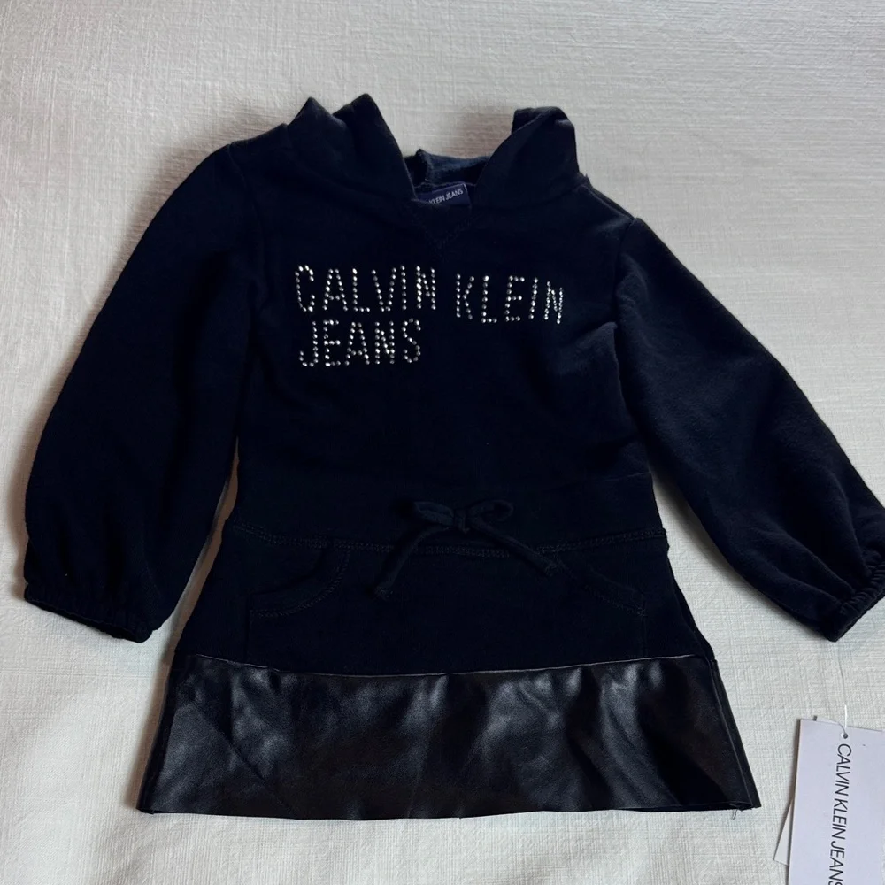 Calvin Klein Black Hooded Dress‎ with Leather-Look Hem